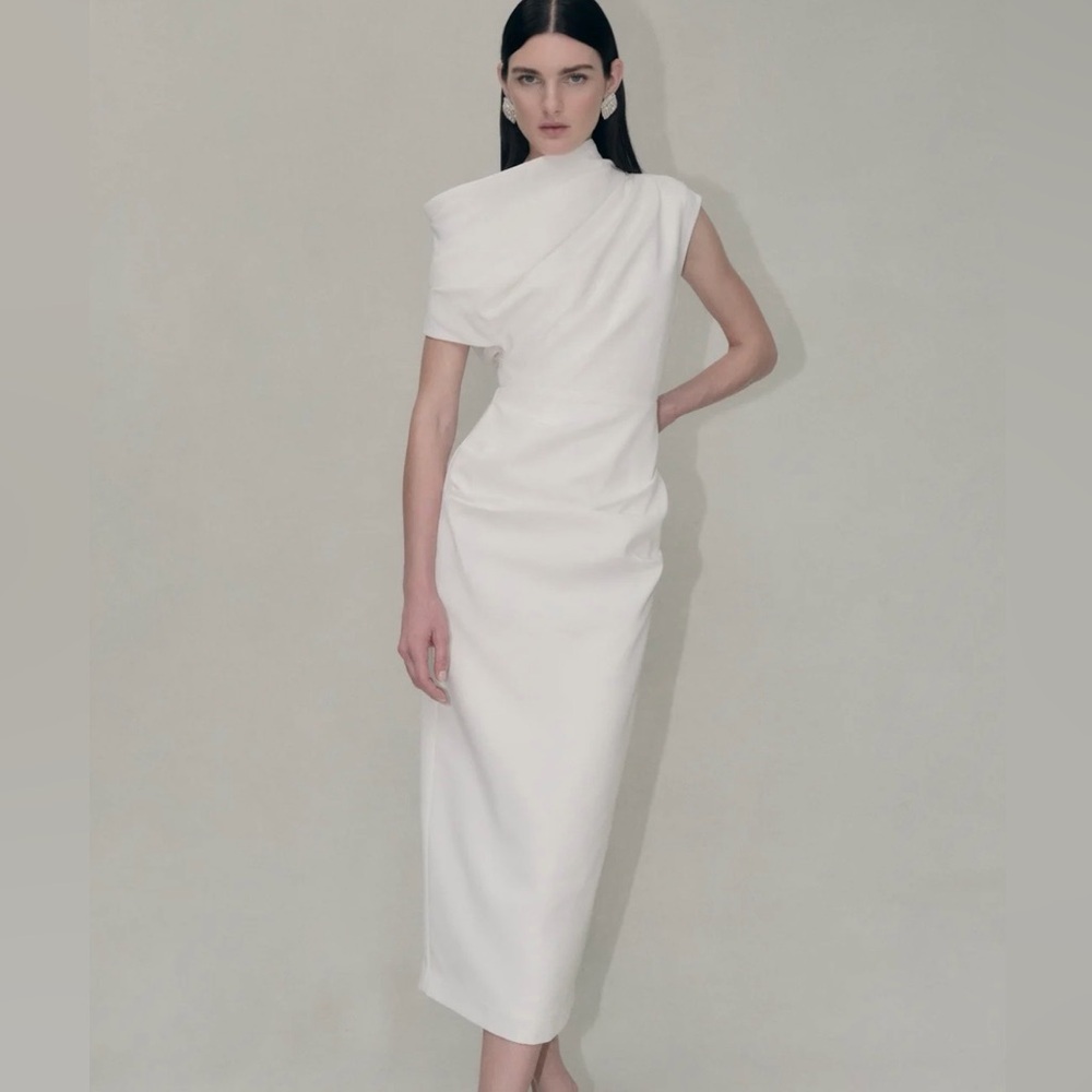 Rachel Gilbert Asymmetric One-Shoulder White Midi Dress